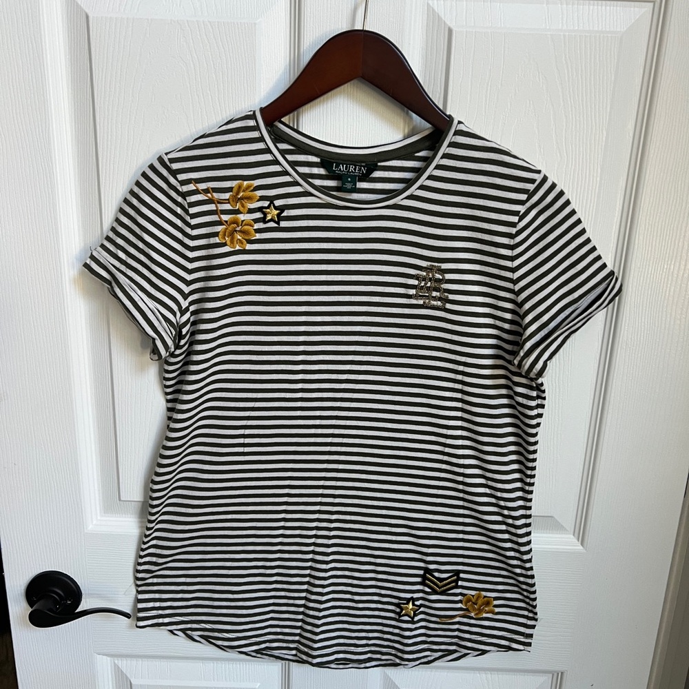 LAUREN Ralph Lauren Rolled Sleeve Striped Green Tee w/embroidered patches Sz S